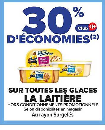 30% d'économies Club Carrefour SUR TOUTES LES GLACES LA LAITIERE