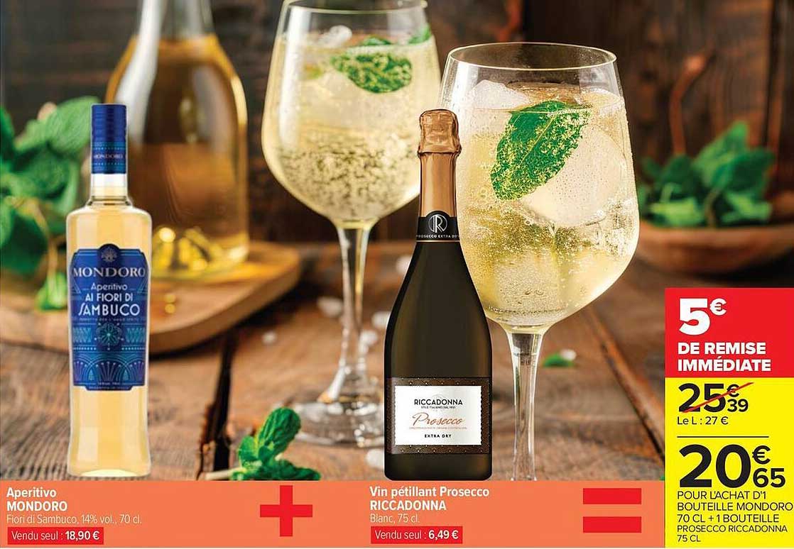 Aperitivo MONDORO Fiori di Sambuco 14% vol. 70 cl + Vin pétillant Prosecco RICCADONNA Blanc 75 cl