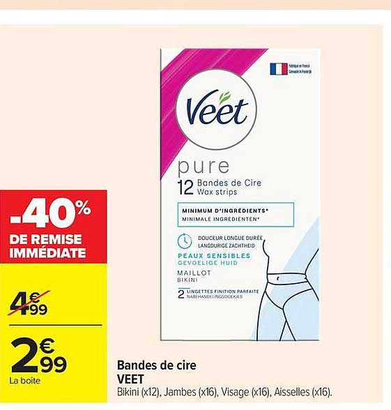 Bandes de cire VEET Bikini (x12), Jambes (x16), Visage (x16), Aisselles (x16).