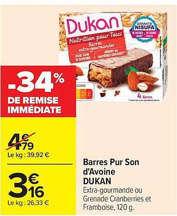Barres Pur Son d'Avoine DUKAN Extra-gourmande ou Grenade Cranberries et Framboise, 120 g.