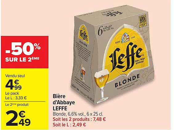 Bière d'Abbaye LEFFE Blonde, 6,6% vol., 6 x 25 cl.
