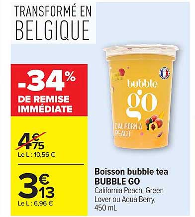 Boisson bubble tea BUBBLE GO California Peach, Green Lover ou Aqua Berry, 450 mL
