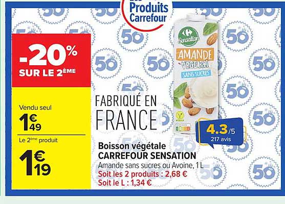 Boisson végétale CARREFOUR SENSATION Amande sans sucres ou Avoine, 1L