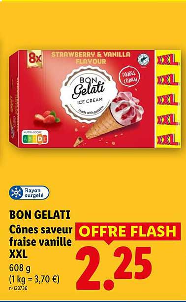 BON GELATI Cônes saveur fraise vanille XXL OFFRE FLASH