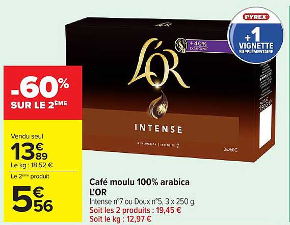 Café moulu 100% arabica L'OR Intense n°7 ou Doux n°5, 3 x 250 g