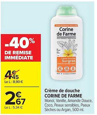 Crème de douche CORINE DE FARME Monoï, Vanille, Amande Douce, Coco, Peaux sensibles, Peaux Sèches ou Argan, 500 ml.