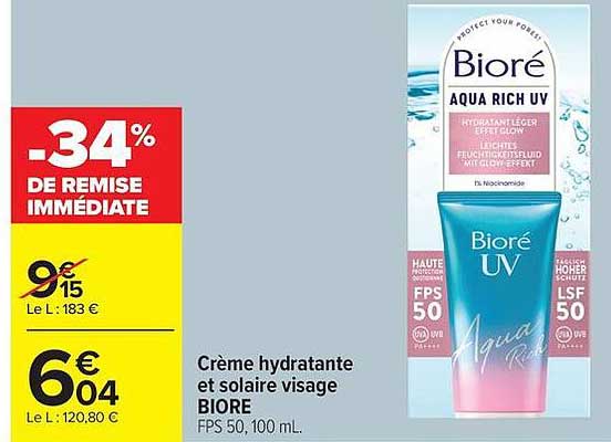 Crème hydratante et solaire visage BIORÉ FPS 50, 100 ml.