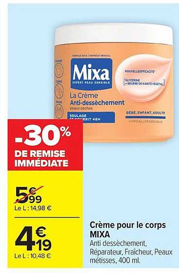 Crème pour le corps MIXA Anti dessèchement, Réparateur, Fraîcheur, Peaux métisses, 400 ml