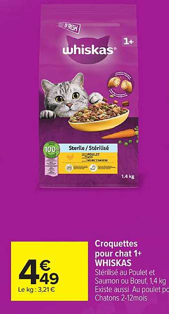 Croquettes pour chat 1+ WHISKAS Stérilisé au Poulet et Saumon ou Bœuf, 1,4 kg
