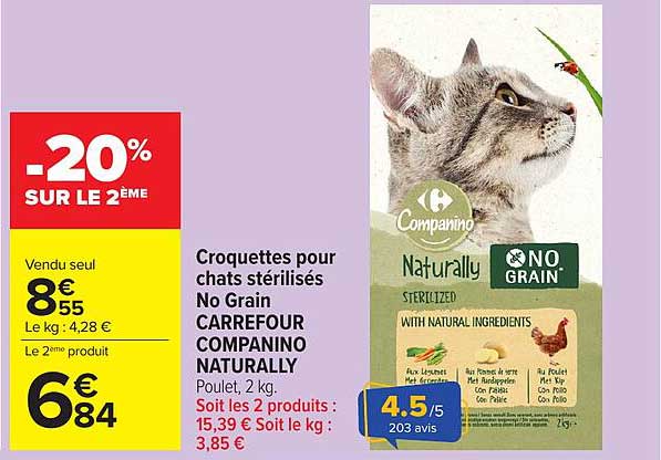 Croquettes pour chats stérilisés No Grain CARREFOUR COMPANINO NATURALLY Poulet, 2 kg