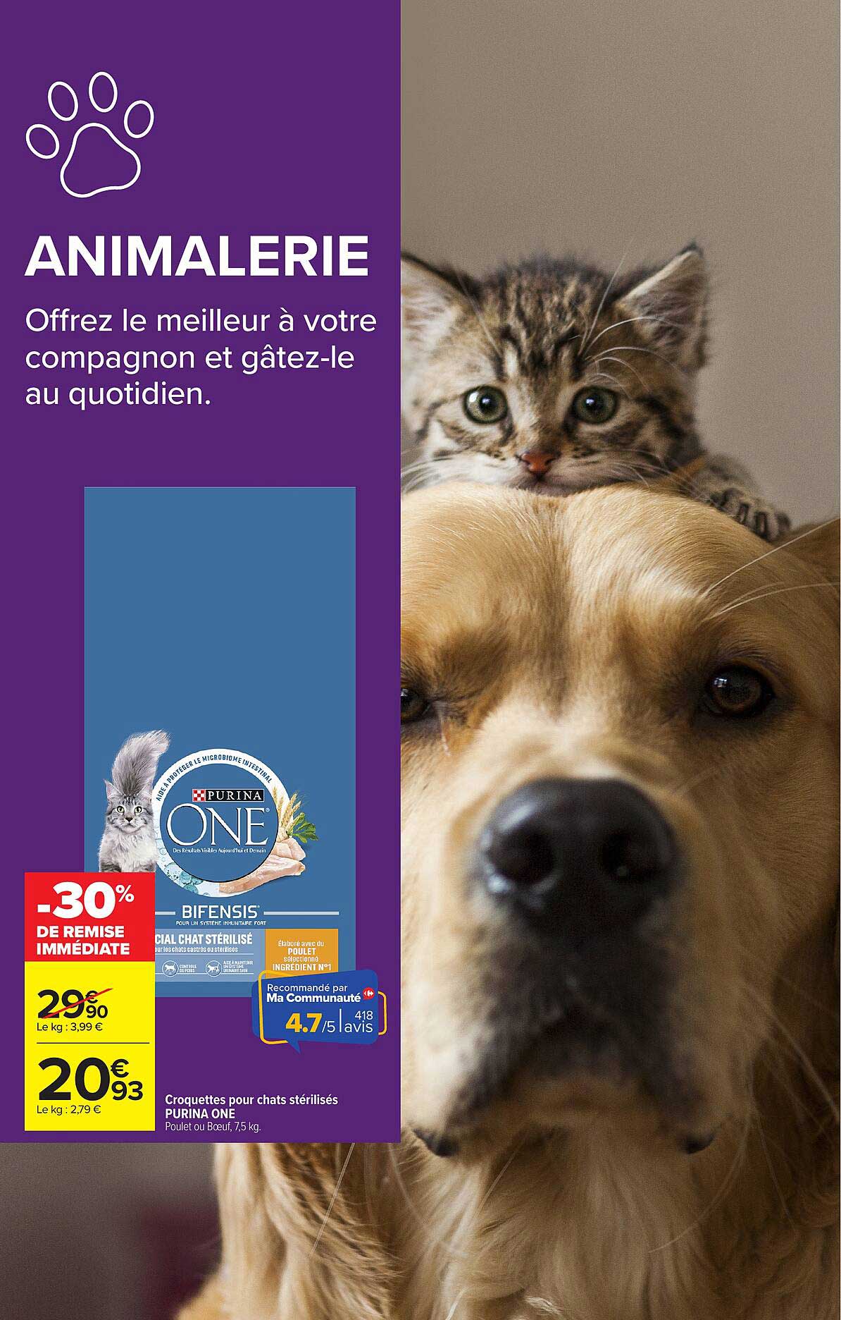 Croquettes pour chats stérilisés PURINA ONE Poulet ou Boeuf, 7,5 kg.