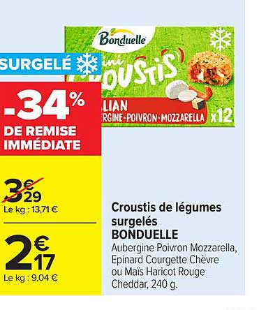 Croustis de légumes surgelés BONDUELLE Aubergine Poivron Mozzarella, Epinard Courgette Chèvre ou Mais Haricot Rouge Cheddar, 240 g.