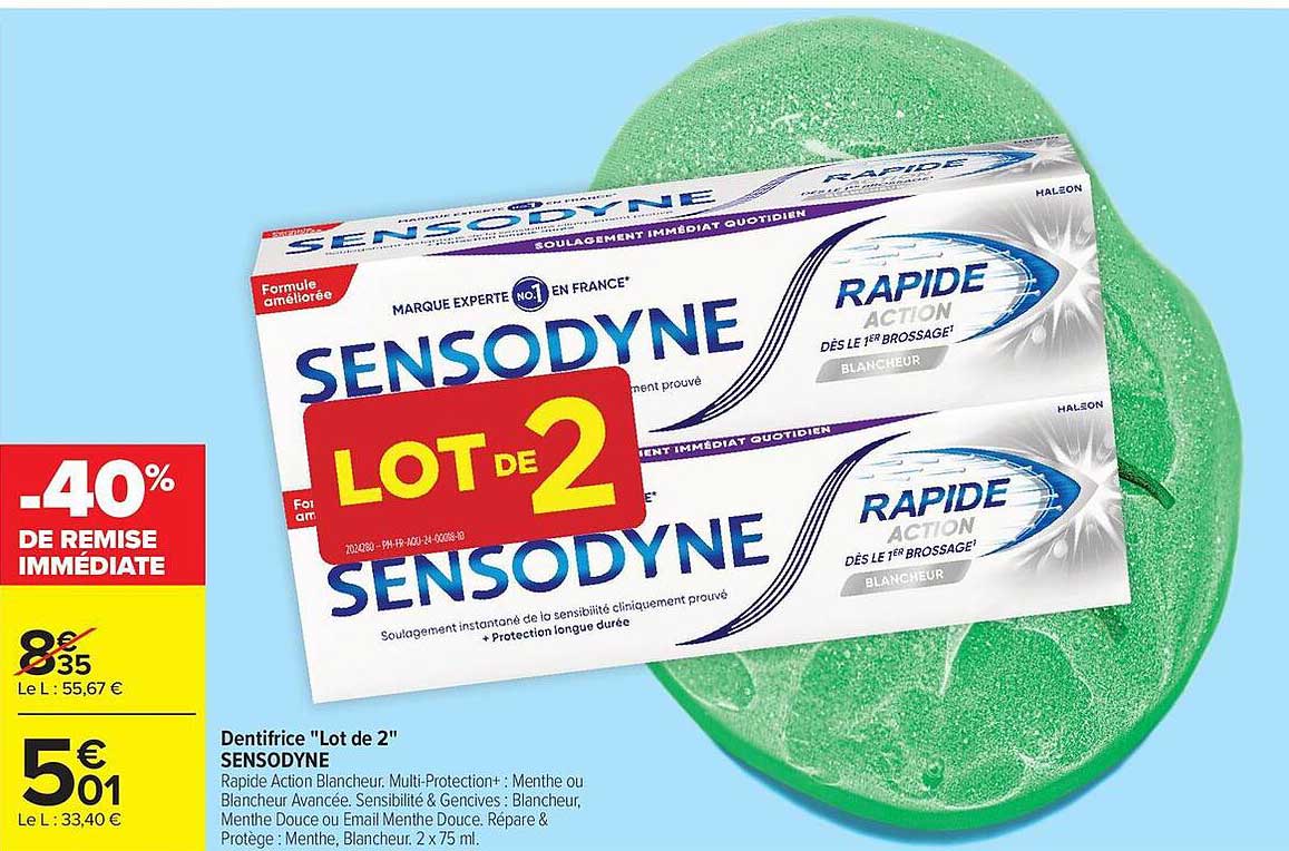 Dentifrice "Lot de 2" SENSODYNE Rapide Action Blancheur. Multi-Protection+ : Menthe ou Blancheur Avancée. Sensibilité & Gencives : Blancheur, Menthe Douce ou Email Nettoyé Douce. Répare & Protège : Menthe, Blancheur. 2 x 75 ml.