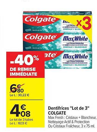 Dentifrices "Lot de 3" COLGATE Max Fresh : Cristaux + Blancheur, Nettoyage Actif & Protection Ou Cristaux Fraîcheur, 3 x 75 ml