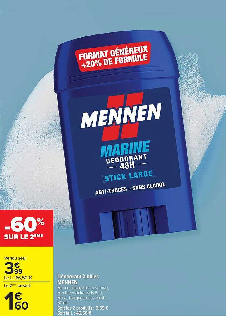 Déodorant à billes MENNEN Marine. Intractable, Covermax, Menthe Fraîche, Bois Brut, Musk, Tonique Ou Ice Fresh.