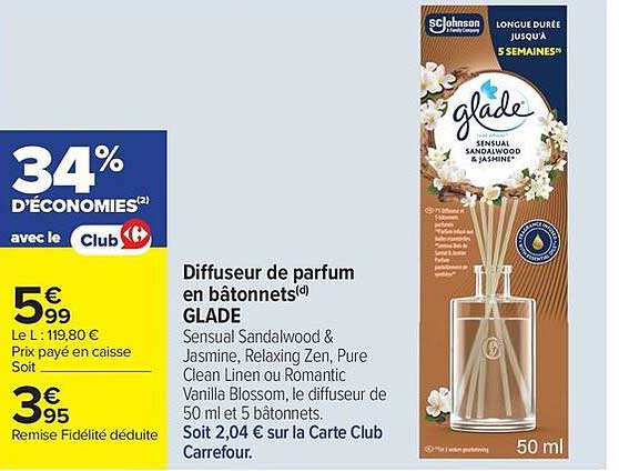Diffuseur de parfum en bâtonnets GLADE Sensual Sandalwood & Jasmine, Relaxing Zen, Pure Clean Linen ou Romantic Vanilla Blossom
