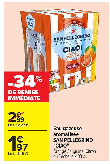 Eau gazeuse aromatisée SAN PELLEGRINO "CIAO" Orange Sanguine, Citron ou Pêche, 4 x 33 cl.