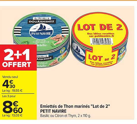 Emiettés de Thon marinés "Lot de 2" PETIT NAVIRE Basilic ou Citron et Thym, 2 x 110 g.