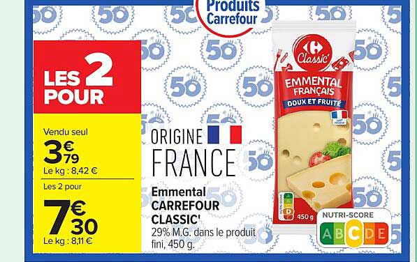Emmental CARREFOUR CLASSIC' 29% M.G. dans le produit fini, 450 g