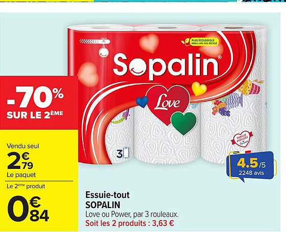 Essuie-tout SOPALIN Love ou Power, par 3 rouleaux. Soit les 2 produits : 3,63 €