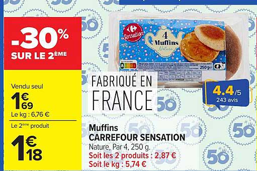 Fabriqué en France Muffins CARREFOUR SENSATION Nature, Par 4, 250 g. Soit les 2 produits : 2,87 € Soit le kg : 5,74 €