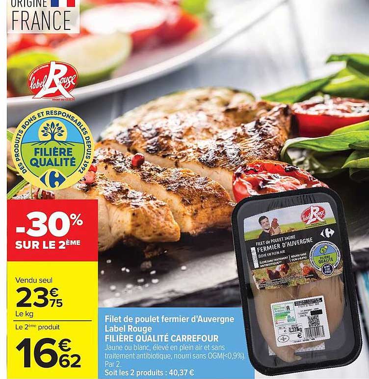 Filet de poulet fermier d'Auvergne Label Rouge FILIÈRE QUALITÉ CARREFOUR
