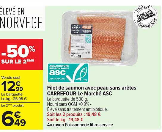 Filet de saumon avec peau sans arêtes CARREFOUR Le Marché ASC