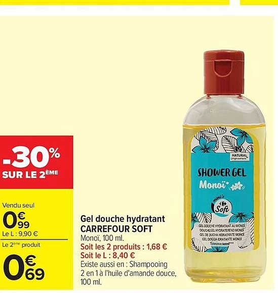 Gel douche hydratant CARREFOUR SOFT Monoï, 100 ml.