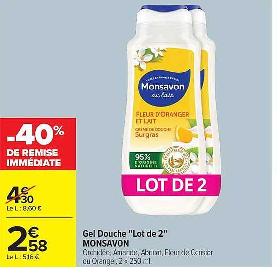 Gel Douche "Lot de 2" MONSAVON Orchiée, Amande, Abricot, Fleur de Cerisier ou Oranger, 2 x 250 ml.