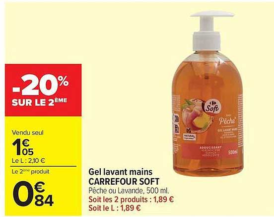 Gel lavant mains CARREFOUR SOFT Pêche ou Lavande, 500 ml