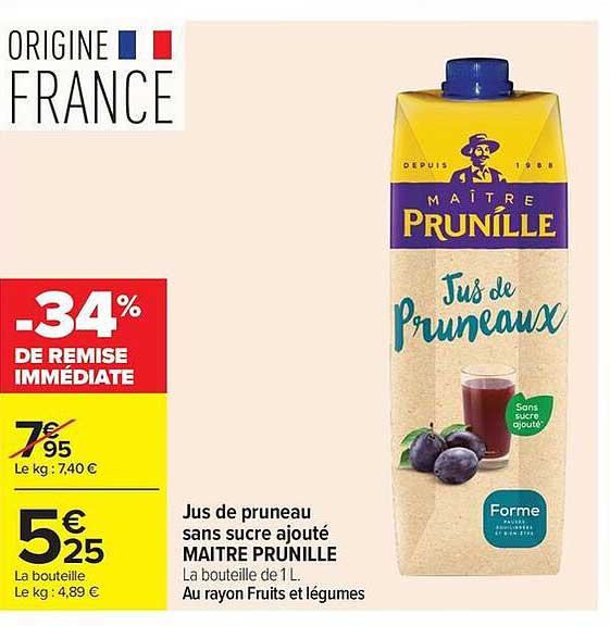 Jus de pruneau sans sucre ajouté MAITRE PRUNILLE