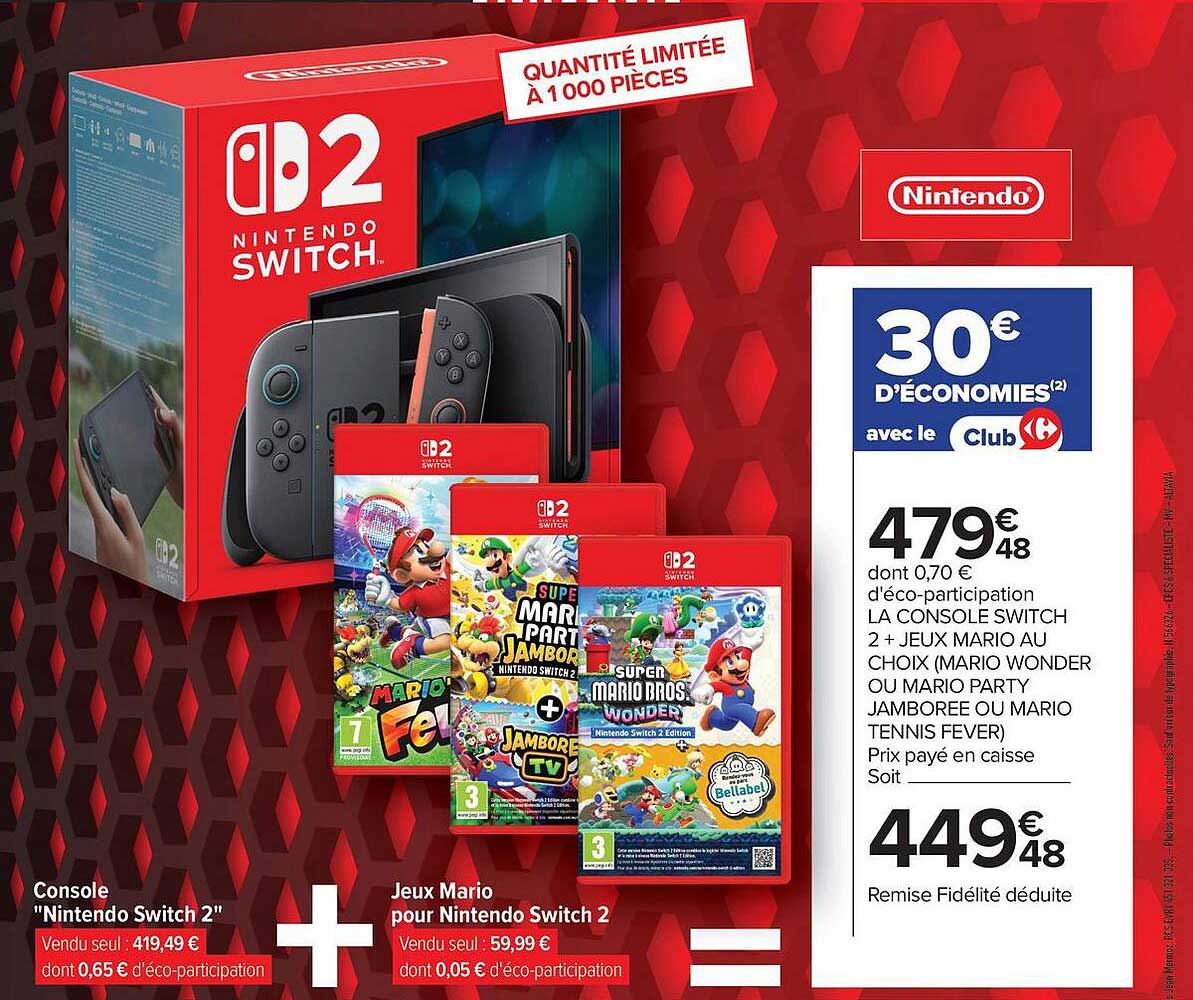 LA CONSOLE SWITCH 2 + JEUX MARIO AU CHOIX (MARIO WONDER OU MARIO PARTY JAMBOREE OU MARIO TENNIS FEVER)