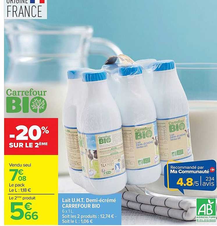 Lait U.H.T. Demi-écrémé CARREFOUR BIO