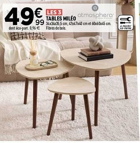 LES 3 TABLES MILÉO 34x34x35,5 cm, 47x47x40 cm et 60x60x45 cm. Fibres de bois.