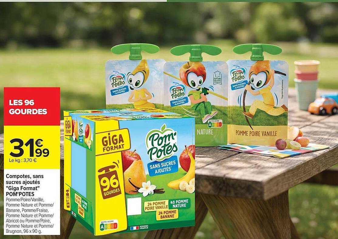 Les 96 gourdes Compotes, sans sucres ajoutés "Giga Format" POM'POTES