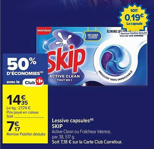 Lessive capsules SKIP Active Clean ou Fraîcheur Intense, 38, 517 g