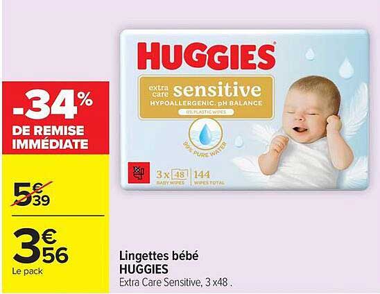 Lingettes bébé HUGGIES Extra Care Sensitive, 3 x 48.