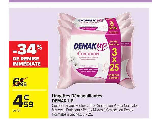 Lingettes Démaquillantes DEMAK'UP Cocoon : Peaux Sèches à Très Sèches ou Peaux Normales à Mixtes. Fraicheur : Peaux Mixtes à Grasses ou Peaux Normales à Sèches, 3 x 25.