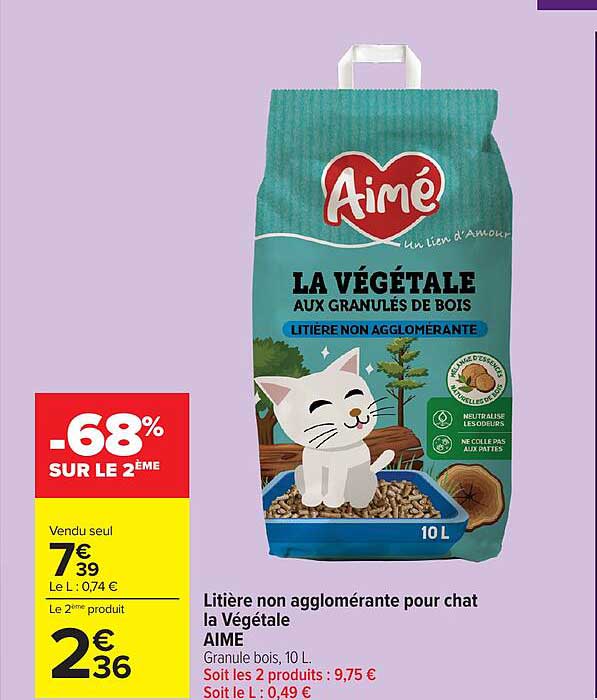 Litière non agglomérante pour chat la Végétale AIME