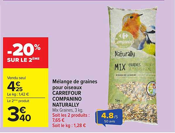 Mélange de graines pour oiseaux CARREFOUR COMPANINO NATURALLY Mix Graines, 3 kg.
