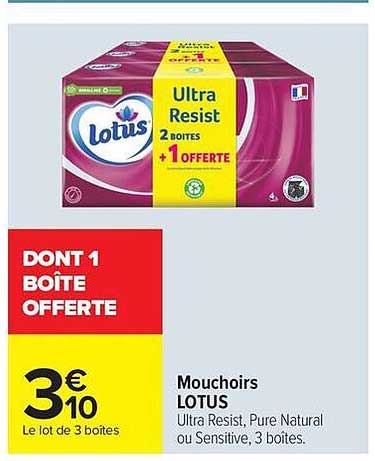 Mouchoirs LOTUS Ultra Resist, Pure Natural ou Sensitive, 3 boîtes.