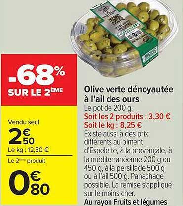 Olive verte dénoyautée à l'ail des ours