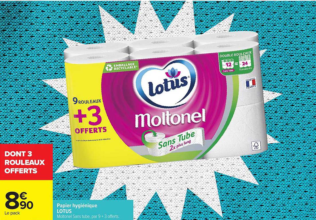 Papier hygiénique LOTUS Moltonel Sans tube, par 9 + 3 offerts.