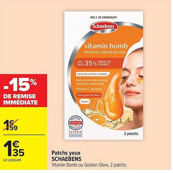 Patches yeux SCHAEBENS Vitamin Bomb ou Golden Glow, 2 patches.