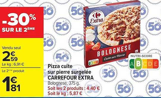 Pizza cuite sur pierre surgelée CARREFOUR EXTRA Bolognaise, 375 g.