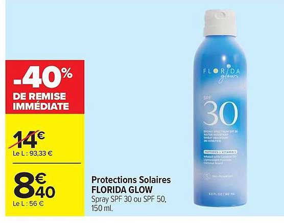 Protections Solaires FLORIDA GLOW Spray SPF 30 ou SPF 50, 150 ml.