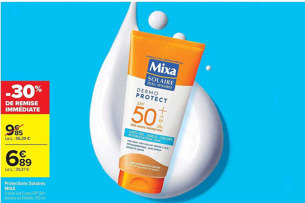 Protections Solaires MIXA Creme Lait Corps SPF 50+ Adultes ou Enfants, 175 ml.