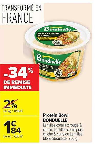 Protein Bowl BONDUELLE Lentilles corail riz rouge & cumin, Lentilles corail pois chiche & curry ou Lentilles blé & ciboulette, 250 g.