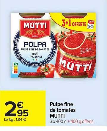 Pulpе fine de tomates MUTTI 3 x 400 g + 400 g offerts.