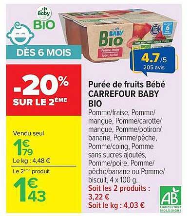 Purée de fruits Bébé CARREFOUR BABY BIO